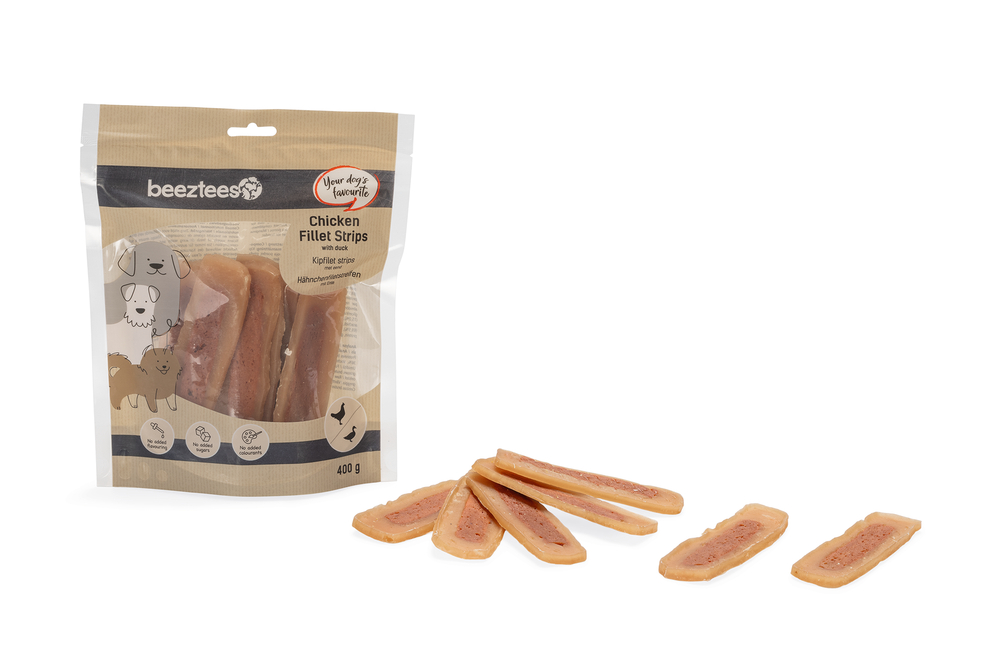 Beeztees Kipfilet Strips met eend hondensnacks 400 gram