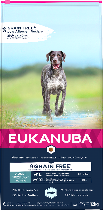 Eukanuba graanvrij zeevis grote rassen volwassen hond 12kg zak