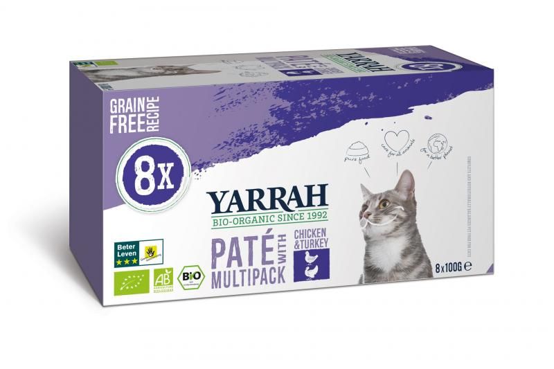 Yarrah natvoer kat kuipje pate graanvrij bio Multi-Pack Kip & Kalkoen 8x100gr