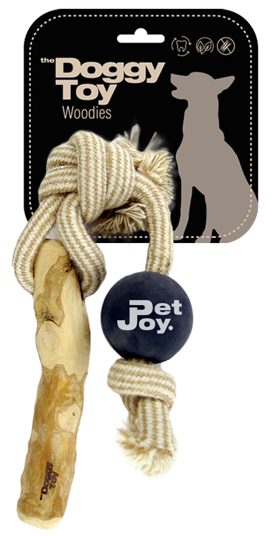 PetJoy - Doggy Toy Woodie Flostouw met Kauwhout Stick en Bal