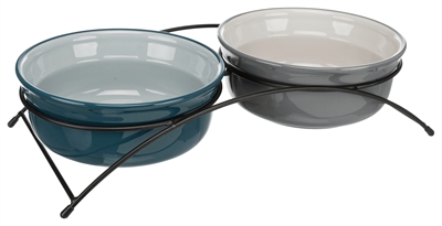 TRIXIE VOERBAK-SET KERAMIEK / METAAL PETROL / GRIJS