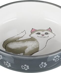 TRIXIE VOERBAK / WATERBAK PLAT KAT / POTEN KERAMIEK GRIJS / WIT