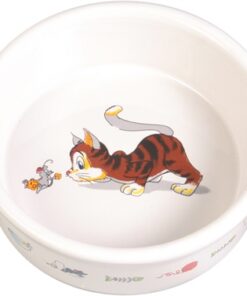 TRIXIE VOERBAK / WATERBAK STRIPKAT MET MUIS KERAMIEK WIT