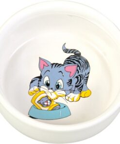 TRIXIE VOERBAK / WATERBAK STRIPKAT MET BAK KERAMIEK WIT