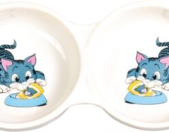 TRIXIE VOERBAK / WATERBAK DUBBEL STRIPKAT MET BAK KERAMIEK WIT