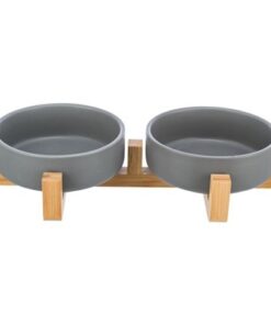 TRIXIE VOERBAK DRINKBAK SET KERAMIEK GRIJS / HOUT
