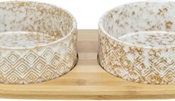 TRIXIE SET VOERBAK / WATERBAK KERAMIEK / BAMBOE WIT / NATUUR