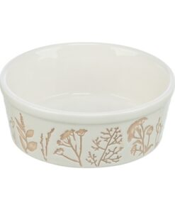 TRIXIE VOERBAK / DRINKBAK HOND PLANTMOTIEF STRUCTUUR KERAMIEK WIT / TAUPE